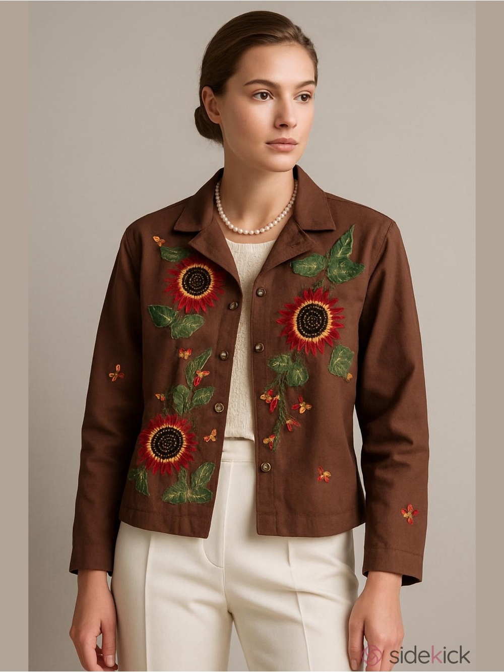 Vintage Sunflower embroidered brown sequin jacket size L Boho Fairy Cottagecore
